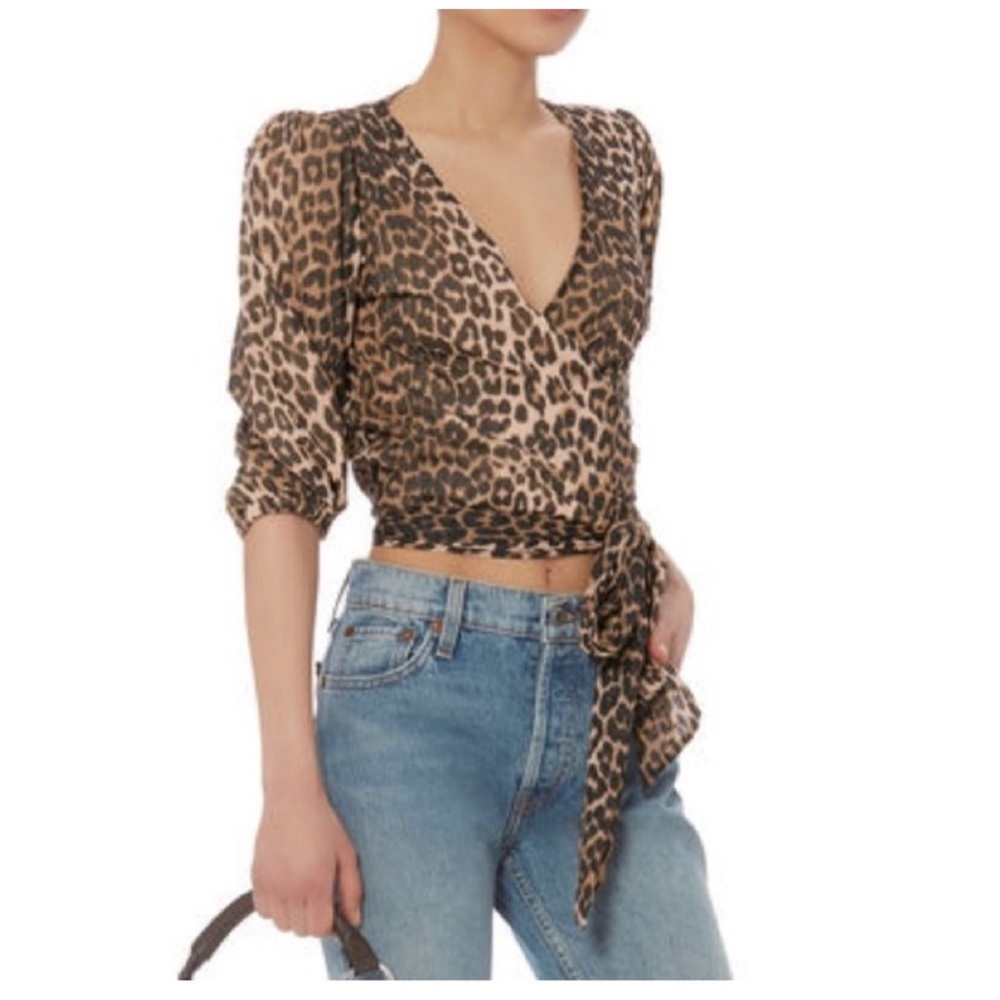 Ganni Tilden mesh leopard wrap top